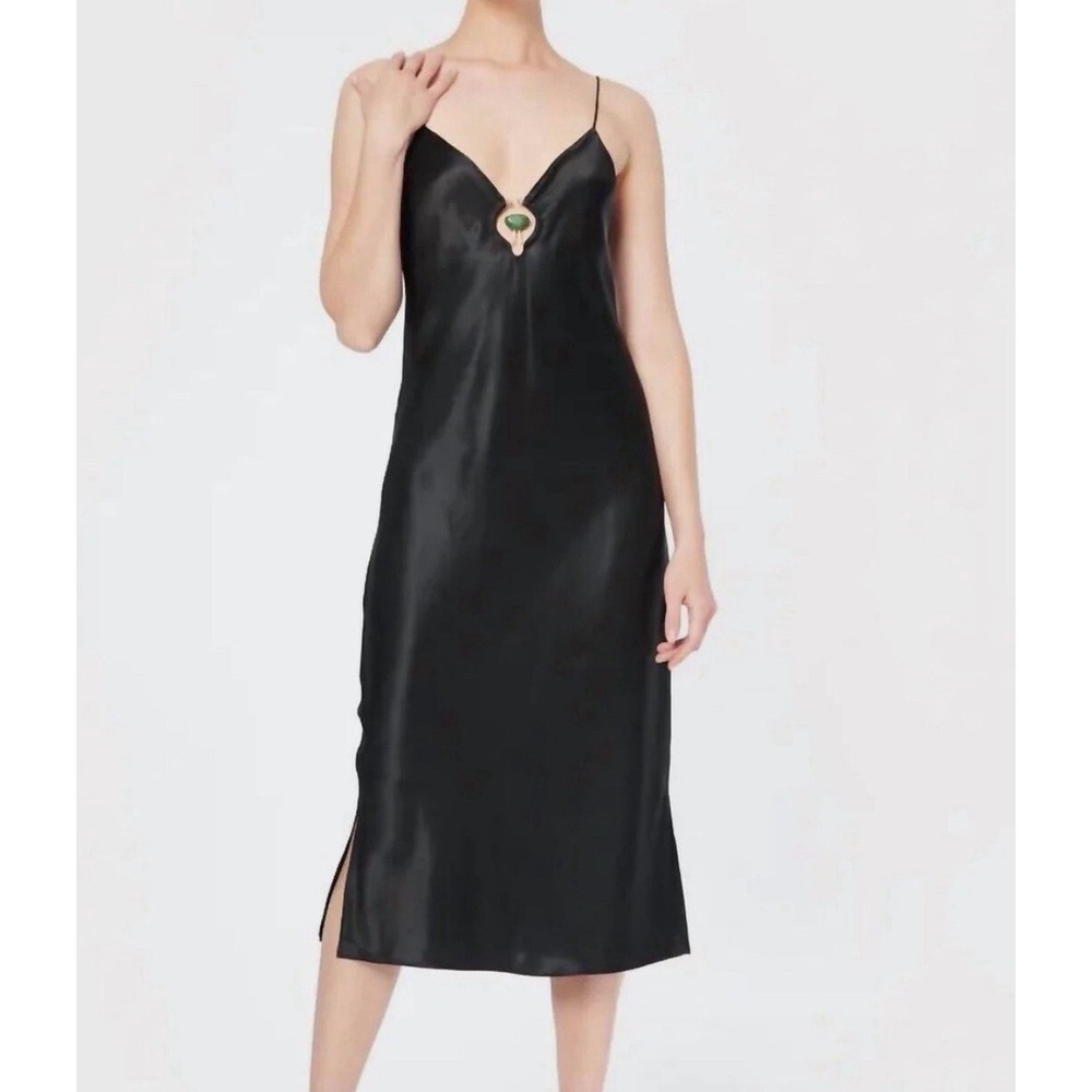 Cami NYC Clio Silk Slip Dress XS Black Turquoise Hardware Luxury Party Midi LBD